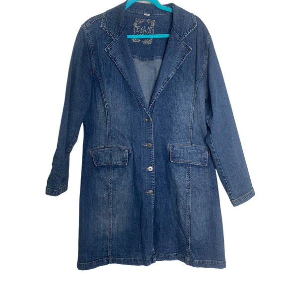 Ethyl Denim Long Blazer Coat L Blue Button Front Western Duster - Picture 1 of 10
